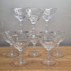 8 Vintage Fostoria Chintz Etched Crystal Low Sherbet/Champagne Glasses 4-3/8"